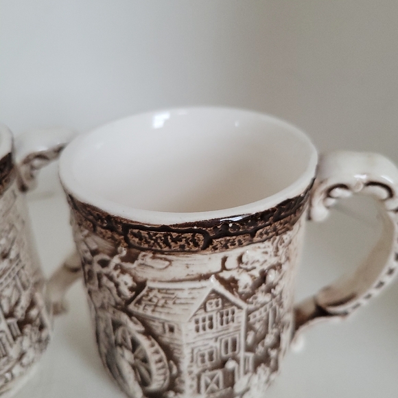 Vintage Country Ceramic Old Mill, Embossed Brick Pattern Japan- 2 Coffee Mugs - Picture 3 of 6